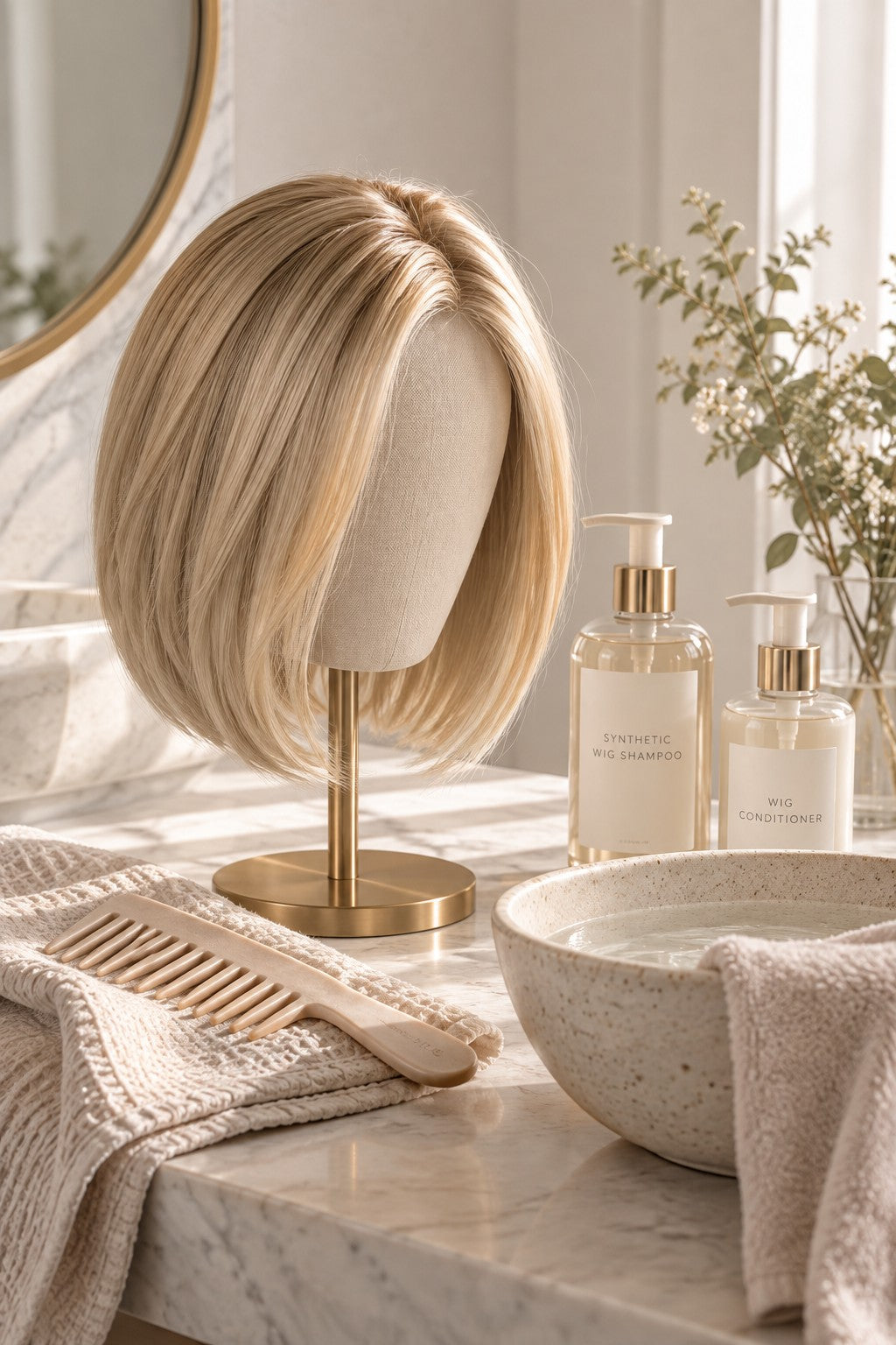 Blonde bob wig with wig care products, comb and bowl of water